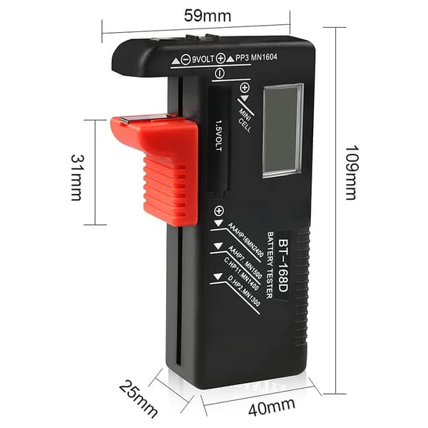 Digital batteritester, universel batteritester, batteritester, til AA, AAA, C, D, PP3, 9V, 1,5V og knapcellebatterier - Fungerer uden batteri