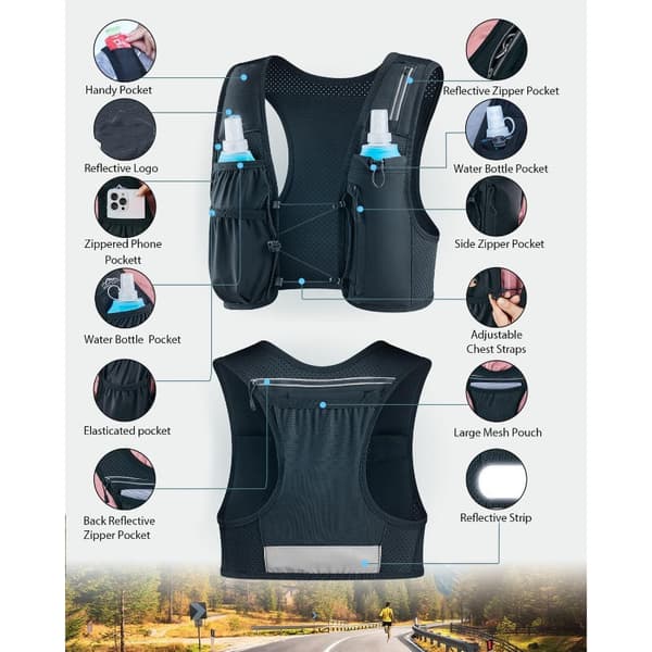 Unisex Lightweight Running Vest (Black), Soft Flasks Not Included; A Breathable Hydration Backpack Suitable for Marathons.