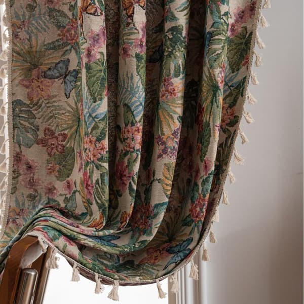Jacquard bomullsgardin med blad- og blomstermønster - 1 lysreduserende panel - 150 x 160 cm