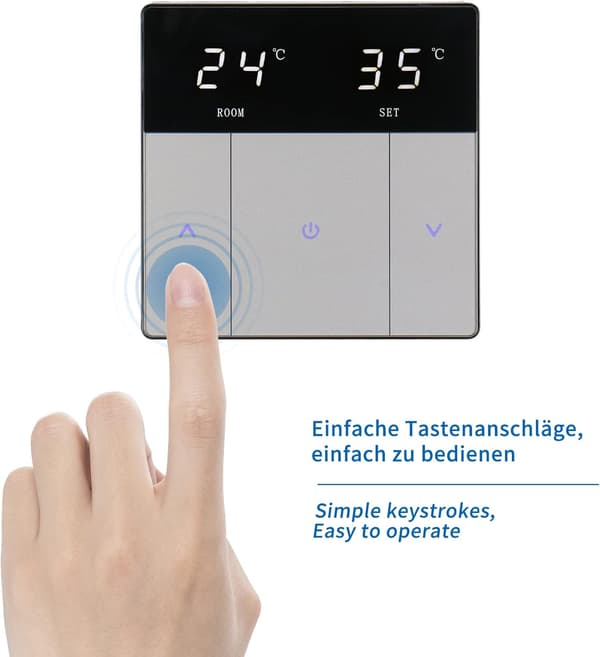 Gulvvarme Touch-knap Varmetermostat, Energibesparende og Letanvendelig AC230V 10A til Gulvvarme Sort