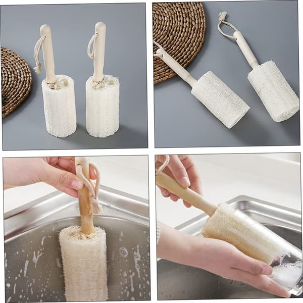 3 Pieces Loofah Cup Brush for Dish Bottle Brush with Long Handle Scratch-Proof Wooden Handle Cup Brushes for Cleaning 18cm