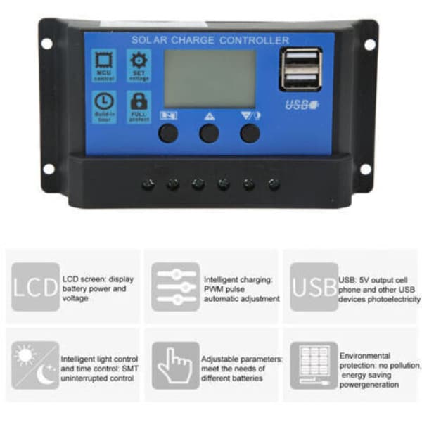 12V/24V Solar Charge Controller, USB Port, Overload Protection Panel, 10A Battery Regulator with LCD Display