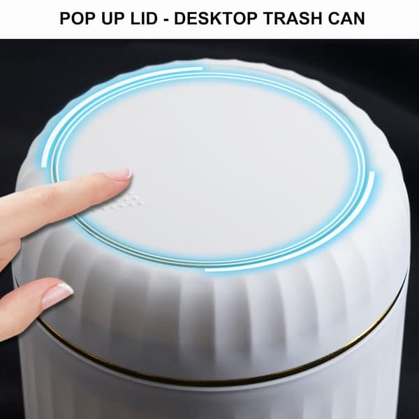 Tabletop Container with Push-Button Lid, 2L Mini Bathroom Trash Can, Office Trash Can for Living Room, Office, White (13×13×16cm)