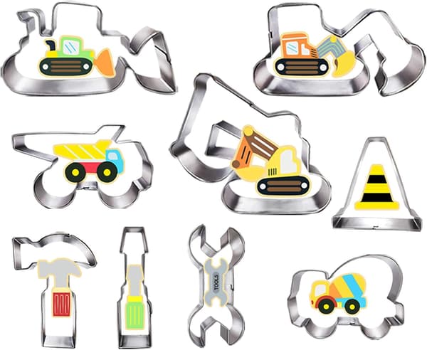 Construction Cookie Cutter Set - 9 Pieces - Excavator, Bulldozer, Dump Truck, Hammer, Wrench, Tools