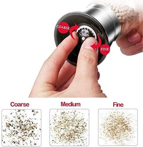 Stainless Steel Pepper Mill with Glass Container, Adjustable Manual Ceramic Grinder, Spice Grinder
