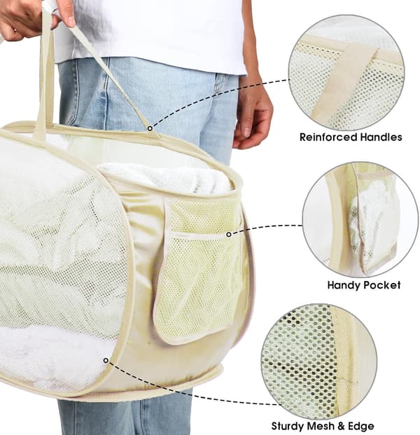 Durable Foldable Laundry Baskets, Mesh Pop Up Laundry Hamper with Practical Pocket, Collapsible Clothes Hamper with Reinforced Carry Handles-Beige