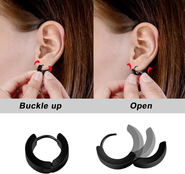 12/18 stk. Herreøreringe Sorte til Mænd Rustfrit Stål Piercing Smykker Stud Hoop Punk Sæt - 18 STK. Black - 18PCS