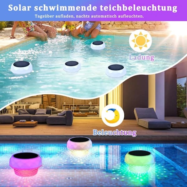 Solar-Powered Pool Lights Underwater and Above Ground Pool Lighting with Remote Control, RGB+Cool White, IP68 Waterproof