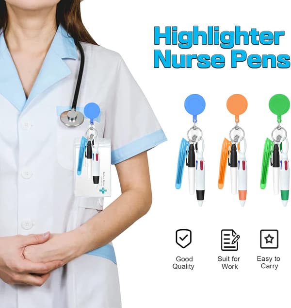 Nurse Pen Set - 6 Pieces Including Highlighter, Permanent Marker, and Retractable Ballpoint Pen