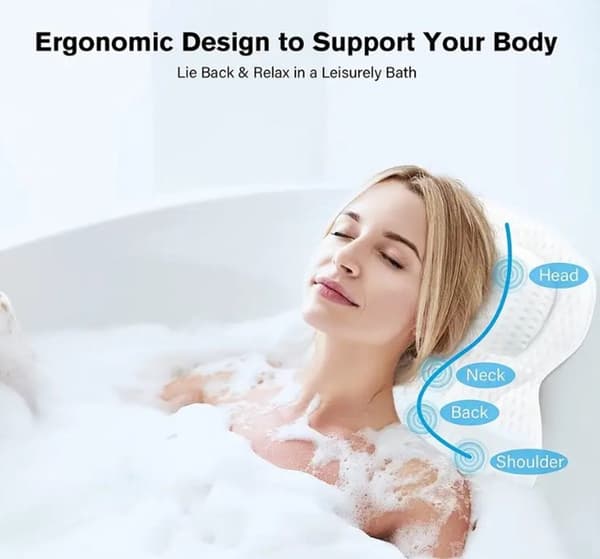 Bath Pillow with Suction Cups, Ergonomic Neck, Head, and Back Support, Breathable and Quick-Drying 4D Air Mesh, for Relaxing Baths, White