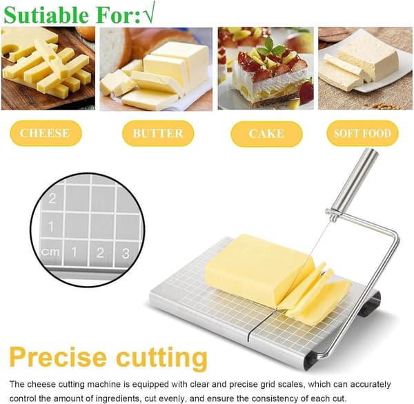 Cheese Slicer with Stainless Steel Frame, Cutting Board with Grid, and 5 Replacement Wires for Cheese Blocks and Home Kitchen