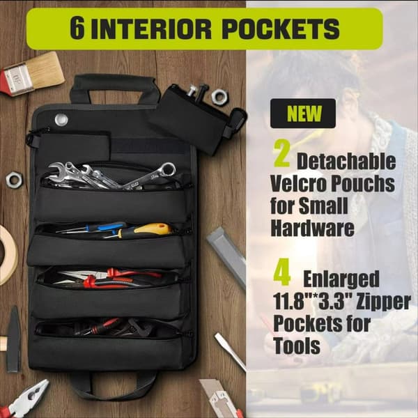 Rolling Tool Bag, Durable Polyester with Multiple Compartments, for Electricians, Car Repairs and DIY, Black, 49.5 x 33 cm