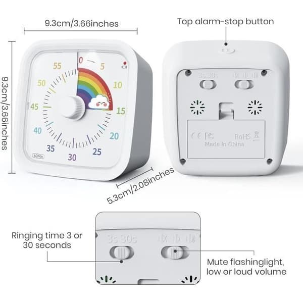 Regnbue-timer - 60 minutters nedtelling - Med beskyttende lokk, visuell timer for barn og elever