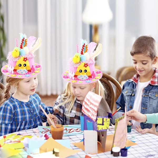 DIY Easter Hat Craft Kit, Non-Woven Fabric, Chick, Egg and Feathers, for Children's Easter Parties, Pink