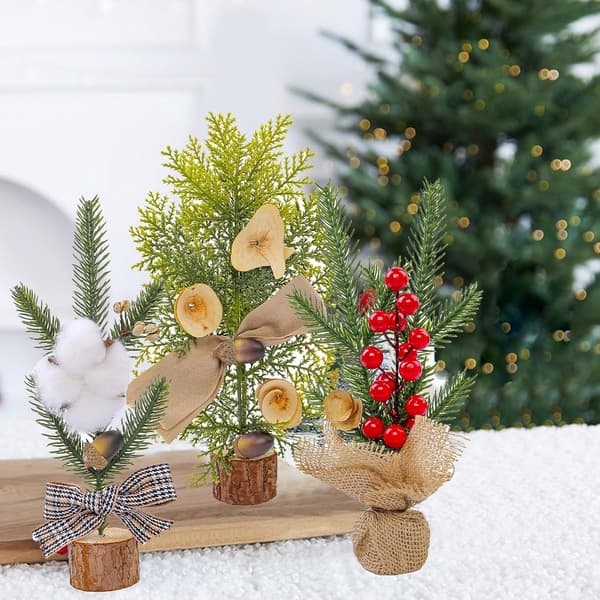 Mini Artificial Christmas Trees, 3-Pack with Berries and Needles, for Home and Office Decorations