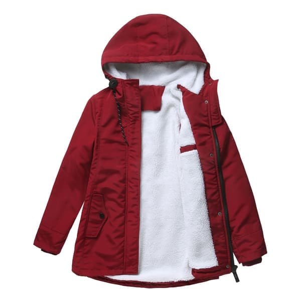 Varm vinterjacka med sherpafoder för dam, tung parkas med huva, röd, L Red L