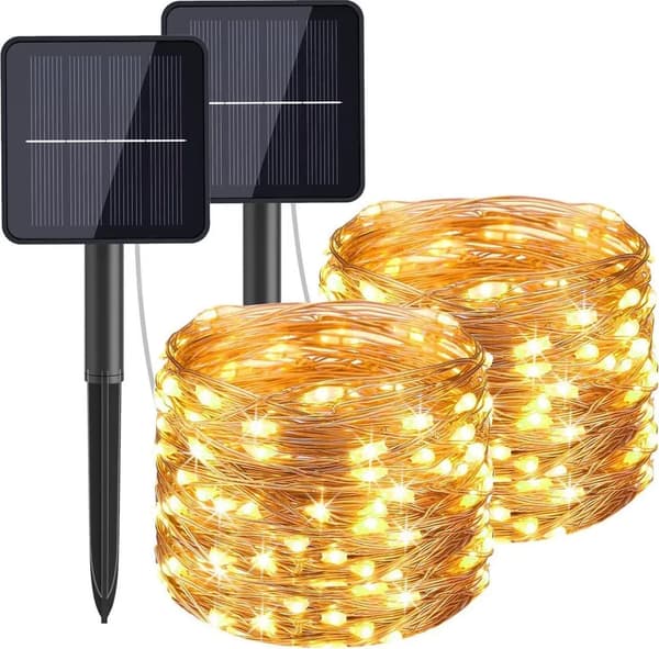 To 100 LED 12-meter solcellelyskæder, udendørs solcellehavelys, varmt hvidt lys.