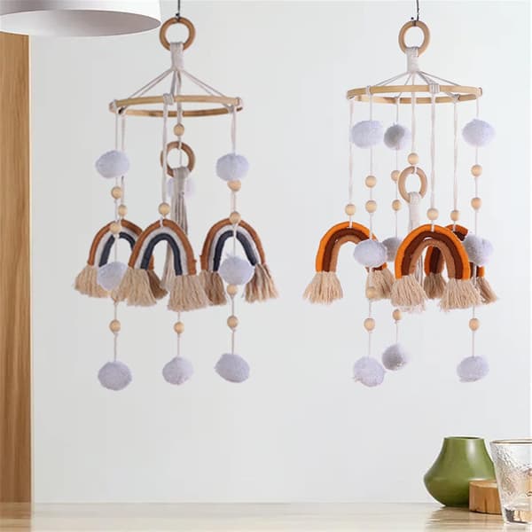 Rainbow Cot Bell Wind Chime Mobile Baby with Pom Pom Kids Hanging Cot Mobile Wind Chime