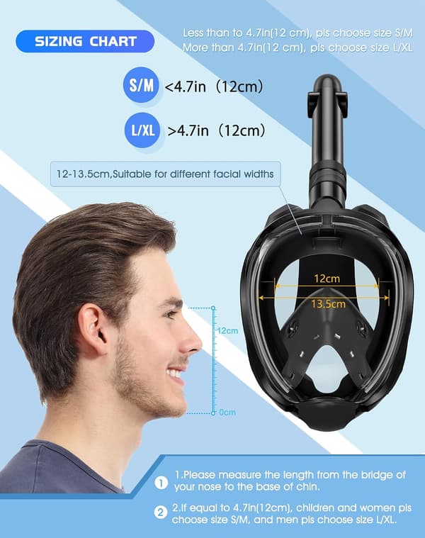 Full Face Snorkel Mask with Latest Dry Top System, Foldable 180 Degree Panoramic View Snorkeling Mask - Black - L