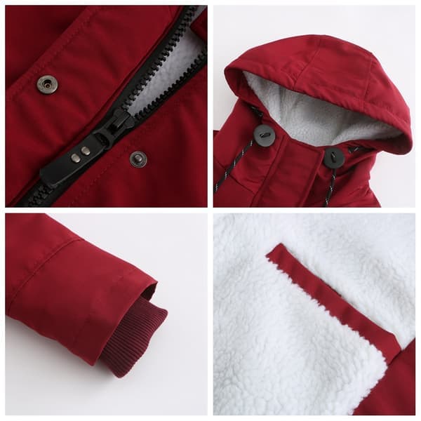 Varm vinterjacka med sherpafoder för dam, tung parkas med huva, röd, L Red L