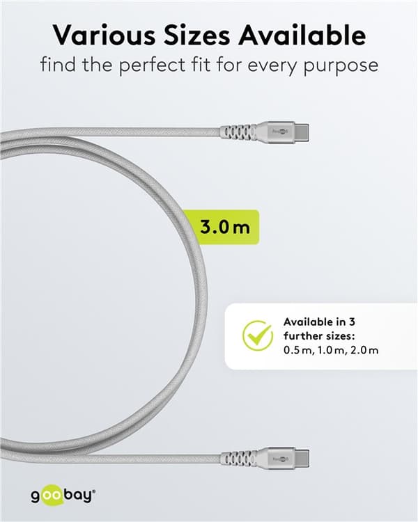 USB-C™ supersoft textile cable with metal connectors, 3 m, white