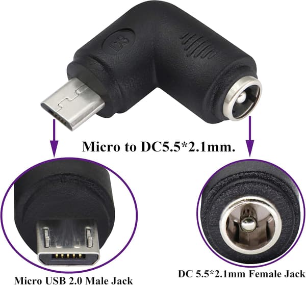 (2-pak-Micro) 90 Grader DC 5.5x2.1mm til Micro USB 5V DC Opladningsstik til Mobiltelefon, Tablet