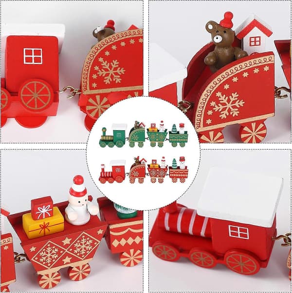 2 dele trætogsæt jul mini juleminiature træpynt træjuletog med 3 vogne trætogslegetøj julegaver