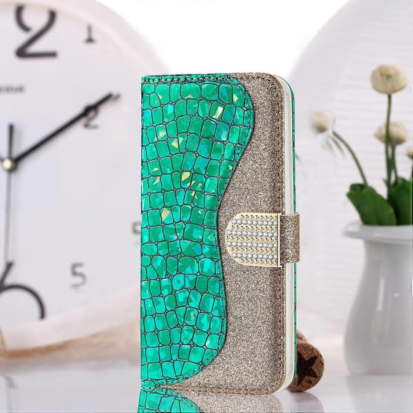 För iPhone 14 Laser Glitter Pulver Matchande Krokodiltextur Läder Telefonfodral