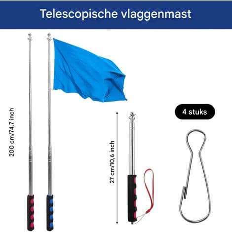 Flagstang - Teleskopisk i rustfrit stål - 200 cm udfoldet - 29 cm sammenfoldet - Til rejseguider, lærere, camping - 2 dele