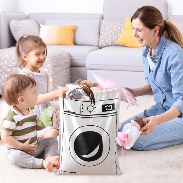 Laundry Bag Large Cotton Drawstring Storage Sack for Travel Dorm Bathroom White Black 60 x 80 cm