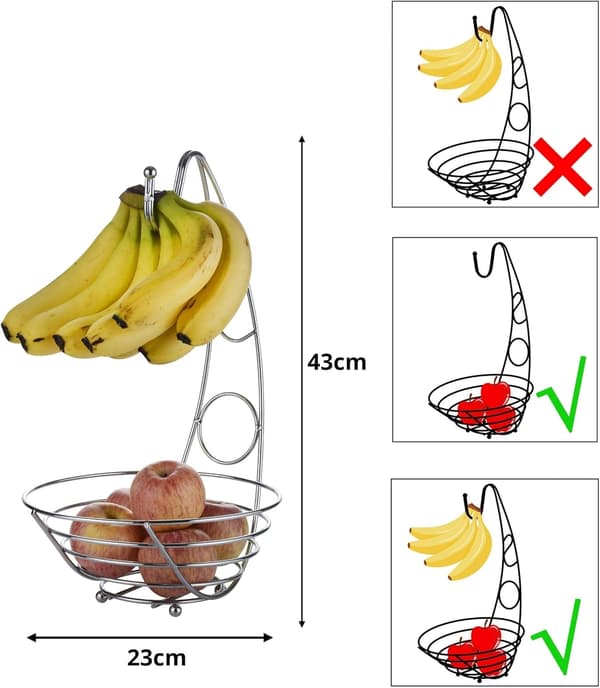 Fruktkurv Fruktskål med Banankrok 43cm Høy, Trådfruktskål - Sølvforkrommet Finish