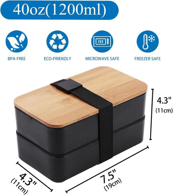 Japanese Bamboo Bento Box with Compartments and Cutlery, Stackable Lunch Box, Includes a Lunch Bag for Meal Prep.