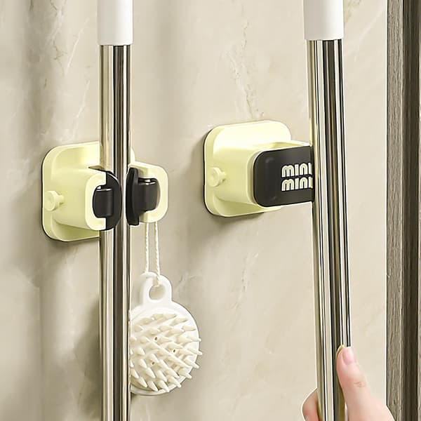 Suction Cup Mop Holder with Hooks Wall Mounted Broom Clip No Drilling Traceless Bathroom Cleaning