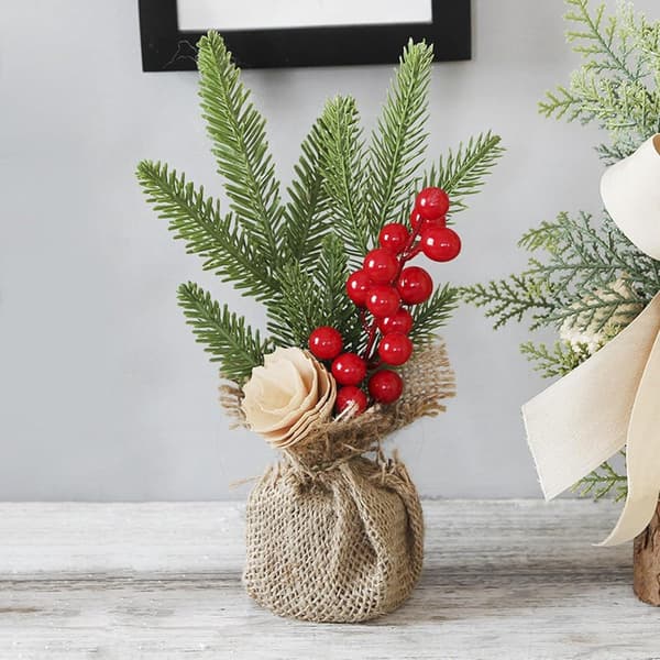 Mini Artificial Christmas Trees, 3-Pack with Berries and Needles, for Home and Office Decorations