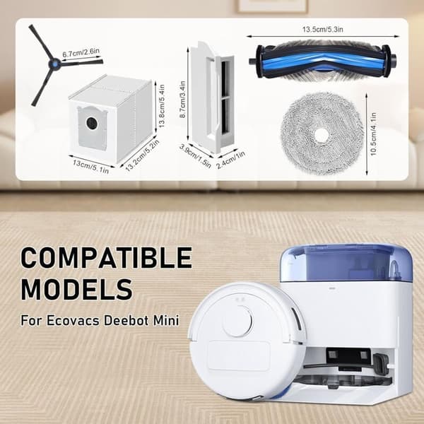 Tilbehør til Ecovacs Deebot Mini støvsuger: reservedeler. 1 hovedbørste. 4 moppeputer. 2 erstatningsfiltre. 4 støvposer. 4 sidebørster.