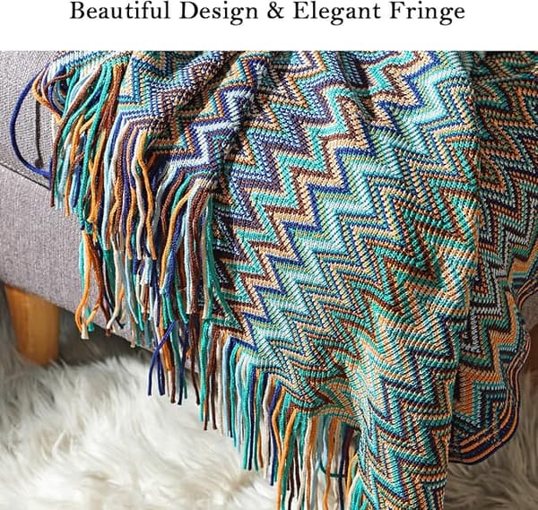 Boho-kast i strikket design med kvaster til udendørs brug, (blå 50x60)