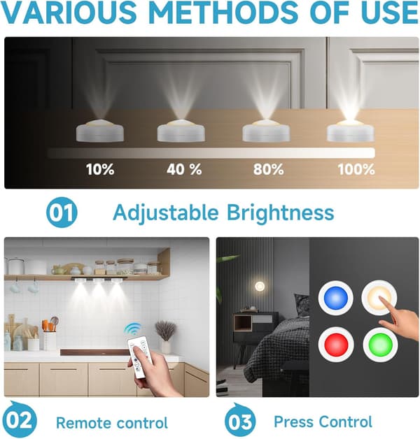 LED Puck Lights with Remote Control, Wireless Under Cabinet Lighting, Color Changing Lamps with Dimmer and Timer, AAA Battery Operated Push Function
