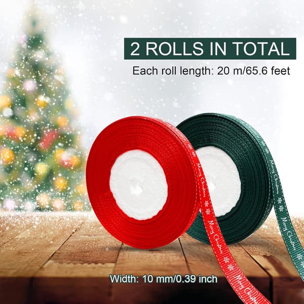 2 Rolls 40 Meters Merry Christmas Ribbon Grosgrain Gift Wrapping Rope with Snowflake Pattern for Christmas Tree Decorations DIY Craft Package (White Font)