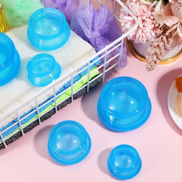 Silikone Cupping Sæt, 6 kopper (3 størrelser), Anti-appelsinhudsmassage, Transparent blå