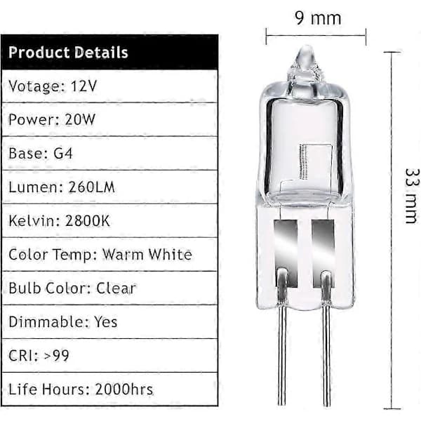 (pow yeah!) Halogen bulbs G4 20W 12V, warm white 2800K, dimmable transparent capsule 10-pack