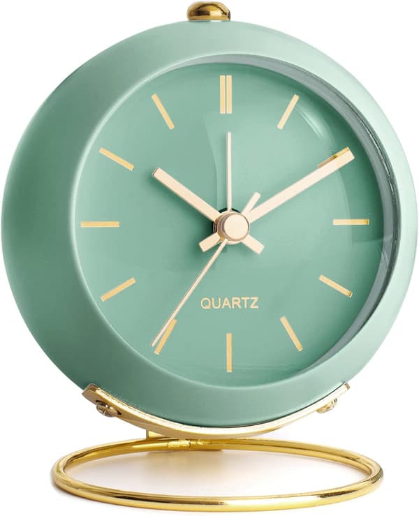 Battery Operated Desk Alarm Clock with Light, Retro Silent Analog Small Clock, Loud Table Clock, Green