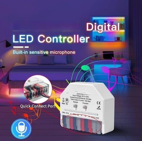 ESP32-baseret mikrofon, DC-strips, app DIY Party Dynamisk LED-controller Indbygget programmerbar intelligent belysning 5-24V til WS281x kontrolmiljøer Gl-c-309wl