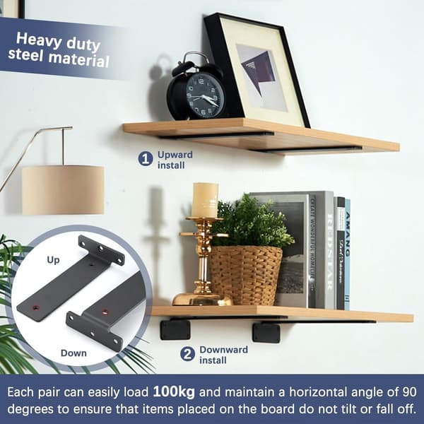 Support frame, wall mount, metal shelf brackets, floating shelf bracket, stainless steel, with screws, black, 150 mm (2 pieces)