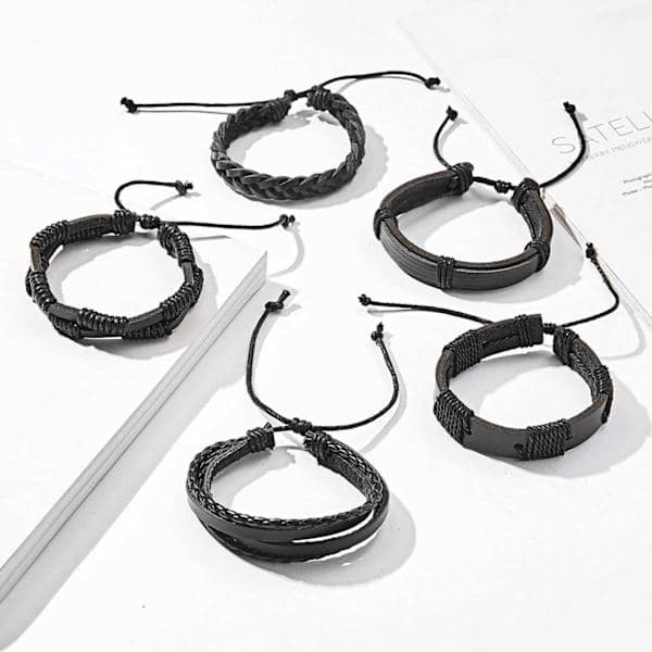 5-pack Handgjorda Läderarmband Herrarmband Svart
