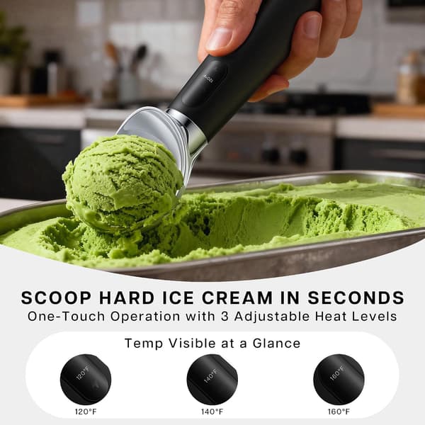 Heated ice cream scoop with three adjustable heat settings, LED display and rechargeable battery