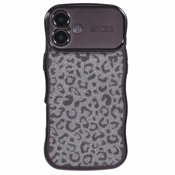 Deksel til iPhone 16 Curly Frame TPU Mobildeksel Leopardtrykk Glitter-Svart