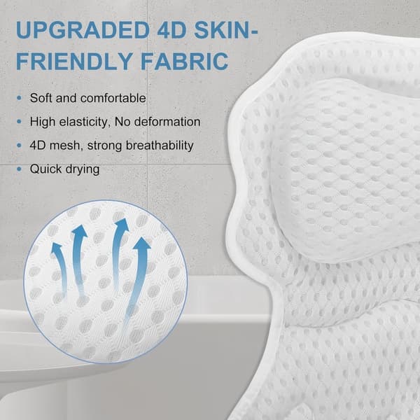 Bath Pillow with Suction Cups, Ergonomic Neck, Head, and Back Support, Breathable and Quick-Drying 4D Air Mesh, for Relaxing Baths, White