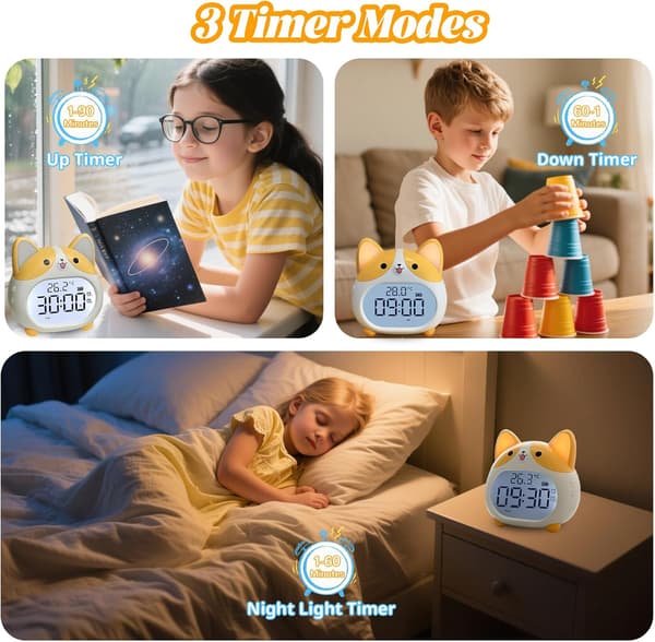 Kids Alarm Clock - with Night Light, 6 Alarm Sounds, Snooze Function, Timer, Date and Temperature Display, Rechargeable.