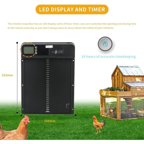 Automatic Chicken Coop Door with Timer, Aluminum Alloy IP45 Waterproof LED Display - WELLNGS