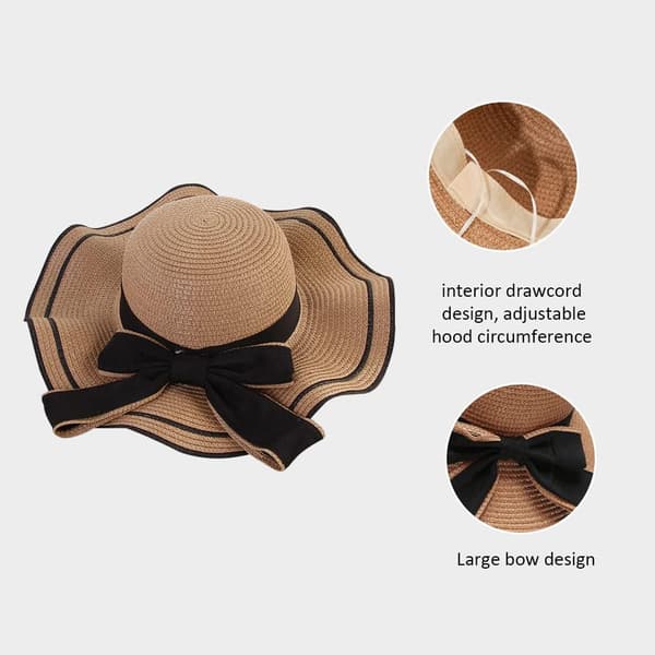 Damehatt med bred brem, sommerstrand solbeskyttelseshatt med sløyfe, beige, medium Beige Medium
